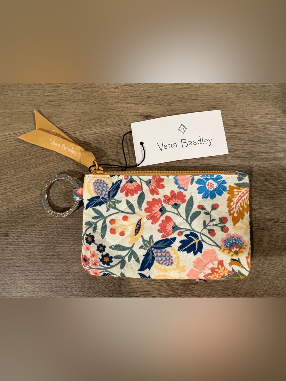 Vera Bradley Cream Floral Zip ID Key Pouch with Multi-Color Blooms